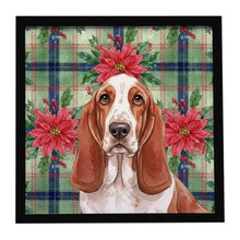 Load image into Gallery viewer, Red and White Basset Hound Christmas PoinsettIas Framed Metal Print
