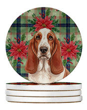 Load image into Gallery viewer, Red and White Basset Hound Christmas PoinsettIas Large Sandstone Coasters Pack of 4