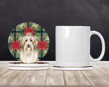 Load image into Gallery viewer, White and Tan Bearded Collie Christmas PoinsettIas Large Sandstone Coasters Pack of 4