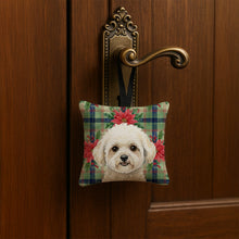 Load image into Gallery viewer, White and Cream Bichon Frise Christmas PoinsettIas Hanging Square Fabric Ornament 3.5 x 3.5