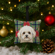 Load image into Gallery viewer, White and Cream Bichon Frise Christmas PoinsettIas Hanging Square Fabric Ornament 3.5 x 3.5