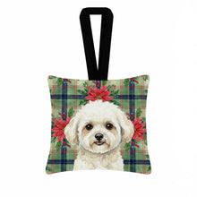 Load image into Gallery viewer, White and Cream Bichon Frise Christmas PoinsettIas Hanging Square Fabric Ornament 3.5 x 3.5