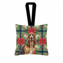 Load image into Gallery viewer, Liver and Tan Bloodhound Christmas PoinsettIas Hanging Square Fabric Ornament 3.5 x 3.5