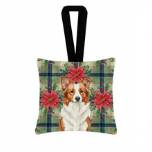 Load image into Gallery viewer, Red and White Border Collie Christmas PoinsettIas Hanging Square Fabric Ornament 3.5 x 3.5