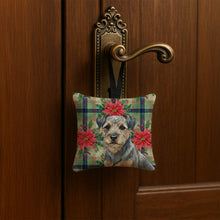 Load image into Gallery viewer, Blue and Tan Border Terrier Christmas PoinsettIas Hanging Square Fabric Ornament 3.5 x 3.5