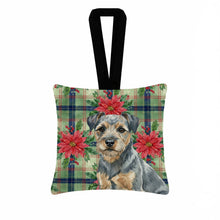 Load image into Gallery viewer, Blue and Tan Border Terrier Christmas PoinsettIas Hanging Square Fabric Ornament 3.5 x 3.5