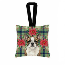 Load image into Gallery viewer, Brindle Boston Terrier Christmas PoinsettIas Hanging Square Fabric Ornament 3.5 x 3.5