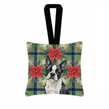 Load image into Gallery viewer, Boston Terrier Christmas PoinsettIas Hanging Square Fabric Ornament 3.5 x 3.5