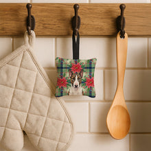 Load image into Gallery viewer, Brindle and White Bull Terrier Christmas PoinsettIas Hanging Square Fabric Ornament 3.5 x 3.5