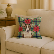 Load image into Gallery viewer, Brindle and White Bull Terrier Christmas PoinsettIas Throw Pillow