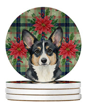 Load image into Gallery viewer, Black and White Cardigan Welsh Corgi Christmas PoinsettIas Large Sandstone Coasters Pack of 4