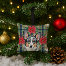 Load image into Gallery viewer, Blue Merle Cardigan Welsh Corgi Christmas PoinsettIas Hanging Square Fabric Ornament 3.5 x 3.5