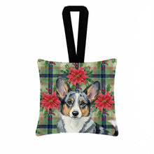 Load image into Gallery viewer, Blue Merle Cardigan Welsh Corgi Christmas PoinsettIas Hanging Square Fabric Ornament 3.5 x 3.5