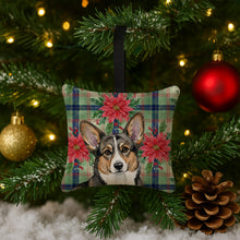 Load image into Gallery viewer, Brindle Cardigan Welsh Corgi Christmas PoinsettIas Hanging Square Fabric Ornament 3.5 x 3.5