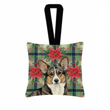 Load image into Gallery viewer, Brindle Cardigan Welsh Corgi Christmas PoinsettIas Hanging Square Fabric Ornament 3.5 x 3.5