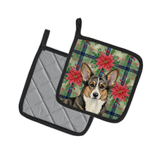 Load image into Gallery viewer, Brindle Cardigan Welsh Corgi Christmas PoinsettIas Pair of Pot Holders