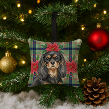 Load image into Gallery viewer, Black and Tan Cavalier Spaniel Christmas PoinsettIas Hanging Square Fabric Ornament 3.5 x 3.5
