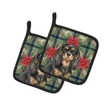 Load image into Gallery viewer, Black and Tan Cavalier Spaniel Christmas PoinsettIas Pair of Pot Holders