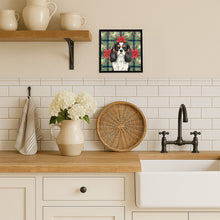 Load image into Gallery viewer, Tricolor Cavalier Spaniel Christmas PoinsettIas Framed Metal Print