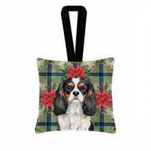 Load image into Gallery viewer, Tricolor Cavalier Spaniel Christmas PoinsettIas Hanging Square Fabric Ornament 3.5 x 3.5