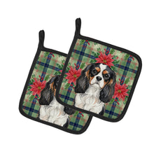 Load image into Gallery viewer, Tricolor Cavalier Spaniel Christmas PoinsettIas Pair of Pot Holders