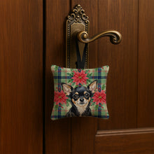 Load image into Gallery viewer, Black and Tan Chihuahua Christmas PoinsettIas Hanging Square Fabric Ornament 3.5 x 3.5