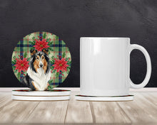 Load image into Gallery viewer, Tricolor Collie Christmas PoinsettIas Large Sandstone Coasters Pack of 4