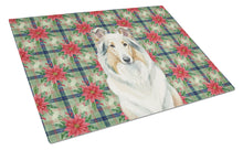 Load image into Gallery viewer, White Collie Christmas PoinsettIas Glass Cutting Board