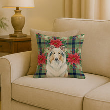 Load image into Gallery viewer, White Collie Christmas PoinsettIas Throw Pillow