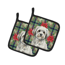 Load image into Gallery viewer, White with Gray Coton de Tulear Christmas PoinsettIas Pair of Pot Holders