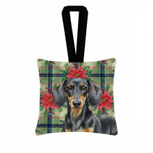 Load image into Gallery viewer, Black and Tan Dachshund Christmas PoinsettIas Hanging Square Fabric Ornament 3.5 x 3.5