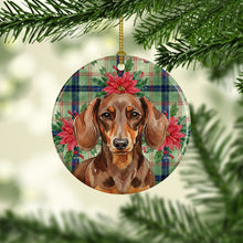 Load image into Gallery viewer, Chocolate and Tan Dachshund Christmas PoinsettIas Ceramic Ornament