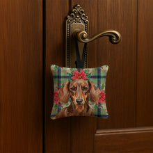 Load image into Gallery viewer, Chocolate and Tan Dachshund Christmas PoinsettIas Hanging Square Fabric Ornament 3.5 x 3.5