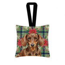 Load image into Gallery viewer, Chocolate and Tan Dachshund Christmas PoinsettIas Hanging Square Fabric Ornament 3.5 x 3.5