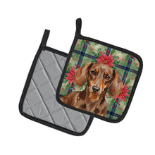 Load image into Gallery viewer, Chocolate and Tan Dachshund Christmas PoinsettIas Pair of Pot Holders