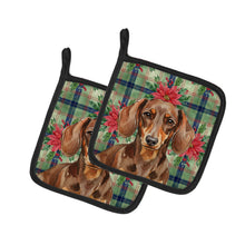 Load image into Gallery viewer, Chocolate and Tan Dachshund Christmas PoinsettIas Pair of Pot Holders