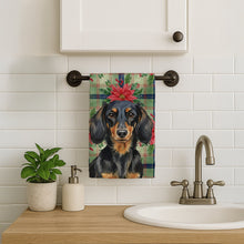 Load image into Gallery viewer, Longhaired Black and Tan Dachshund Christmas PoinsettIas Kitchen Towel
