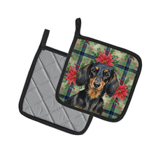 Load image into Gallery viewer, Longhaired Black and Tan Dachshund Christmas PoinsettIas Pair of Pot Holders