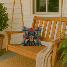 Load image into Gallery viewer, Longhaired Black and Tan Dachshund Christmas PoinsettIas Throw Pillow