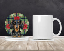 Load image into Gallery viewer, Longhaired Black and Tan Dachshund Christmas PoinsettIas Large Sandstone Coasters Pack of 4