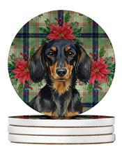 Load image into Gallery viewer, Longhaired Black and Tan Dachshund Christmas PoinsettIas Large Sandstone Coasters Pack of 4
