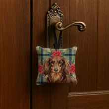 Load image into Gallery viewer, Longhaired Chocolate and Tan Dachshund Christmas PoinsettIas Hanging Square Fabric Ornament 3.5 x 3.5