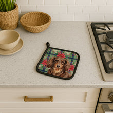 Load image into Gallery viewer, Longhaired Chocolate and Tan Dachshund Christmas PoinsettIas Pair of Pot Holders