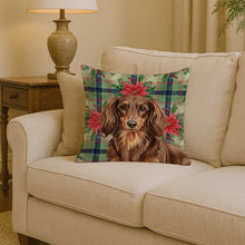 Load image into Gallery viewer, Longhaired Chocolate and Tan Dachshund Christmas PoinsettIas Throw Pillow