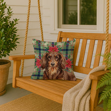Load image into Gallery viewer, Longhaired Chocolate and Tan Dachshund Christmas PoinsettIas Throw Pillow