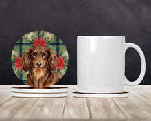 Load image into Gallery viewer, Longhaired Chocolate and Tan Dachshund Christmas PoinsettIas Large Sandstone Coasters Pack of 4