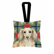 Load image into Gallery viewer, Longhaired Cream Dachshund Christmas PoinsettIas Hanging Square Fabric Ornament 3.5 x 3.5