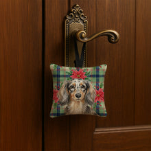 Load image into Gallery viewer, Longhaired Dapple Dachshund Christmas PoinsettIas Hanging Square Fabric Ornament 3.5 x 3.5