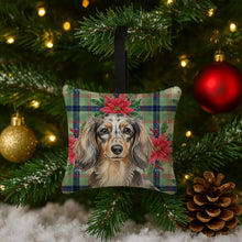 Load image into Gallery viewer, Longhaired Dapple Dachshund Christmas PoinsettIas Hanging Square Fabric Ornament 3.5 x 3.5