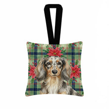 Load image into Gallery viewer, Longhaired Dapple Dachshund Christmas PoinsettIas Hanging Square Fabric Ornament 3.5 x 3.5